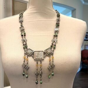 Ben-Amun Vintage 2 Stranded Pewter Necklace Czech Glass Stones 28” Rare Find
